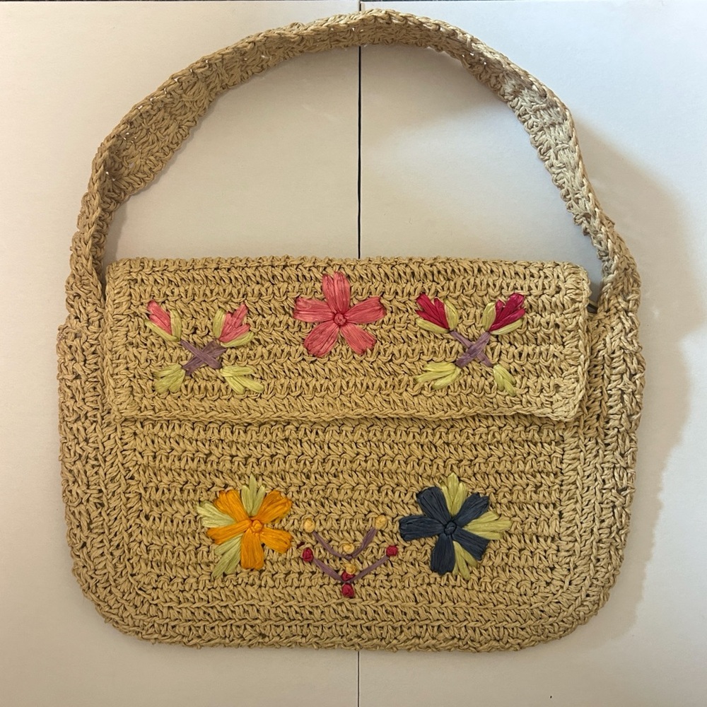 VINTAGE Floral Embroidered Tan Woven Bag
